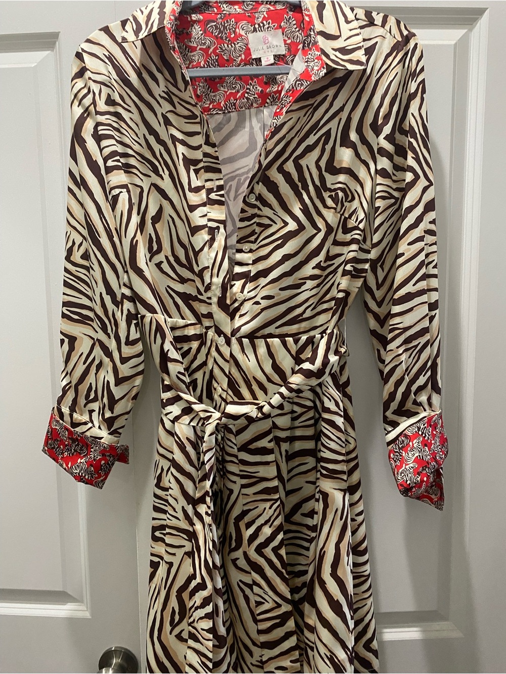 Women’s Zebra-Print Shirt Dress with Red Accent